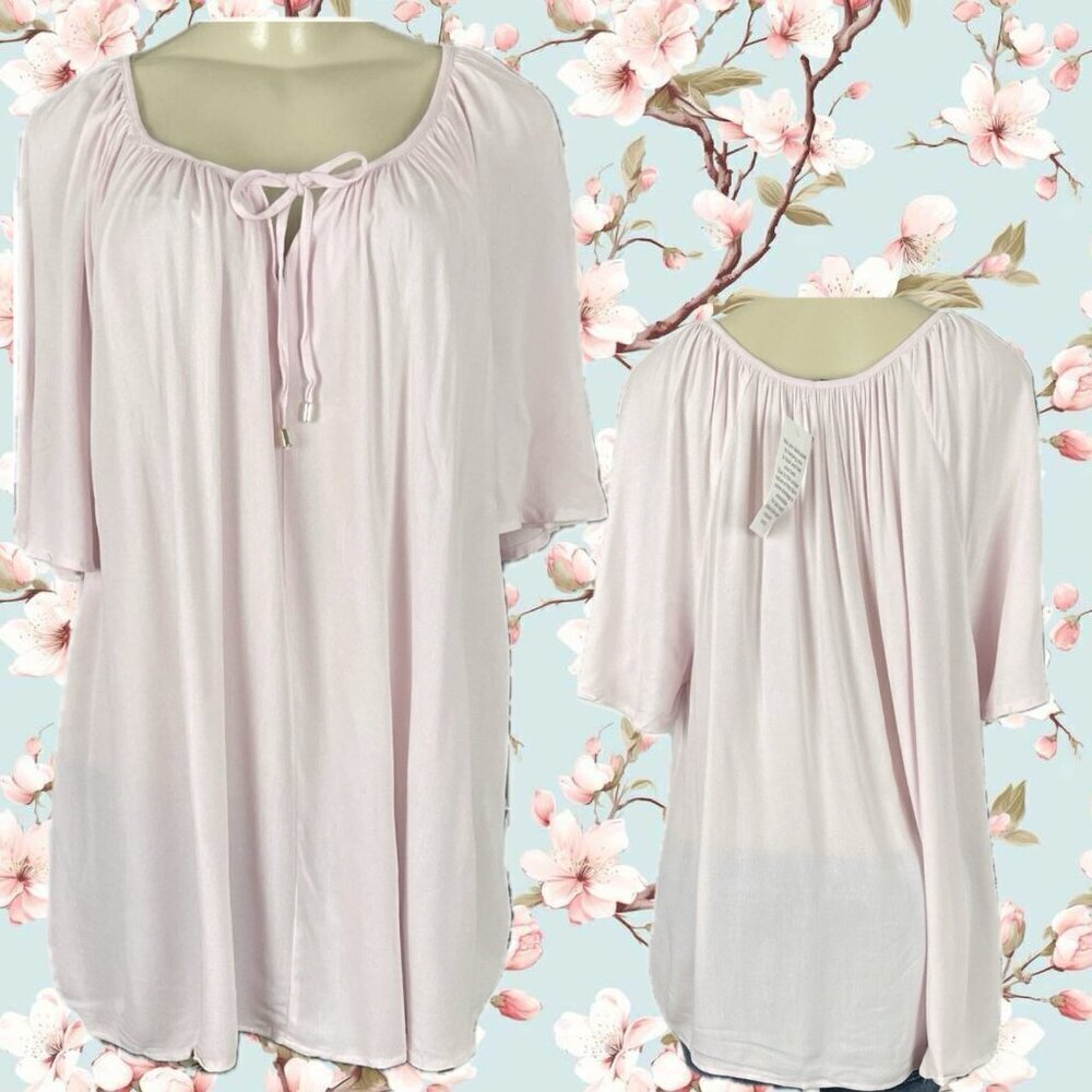 Ellos L-12 Light Pink Scoop Tie Neckline Sheer Rayon Short Flutter Sleeve Blouse